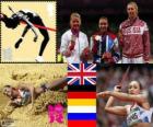 Πόντιουμ στίβου γυναικών heptathlon, Jessica Ennis (Ηνωμένο Βασίλειο), Lilli ύψος τόνου Schwarzkopf (Γερμανία) και Tatiana Chernova (Ρωσία), London 2012
